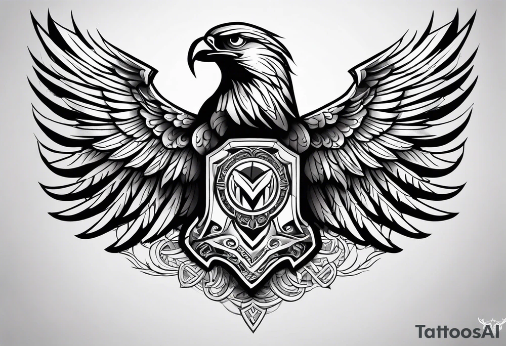 upper back and shoulder tattoo maori eagle wings with spartan helmet in middle with letters RELJA on top tattoo idea