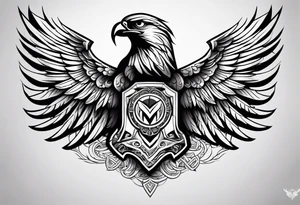 upper back and shoulder tattoo maori eagle wings with spartan helmet in middle with letters RELJA on top tattoo idea