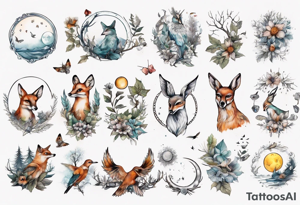 wasser, sonne, mond, fuchs, eule kolibri, wald, hirsch, blume des lebens, 
baum, berlin tattoo idea