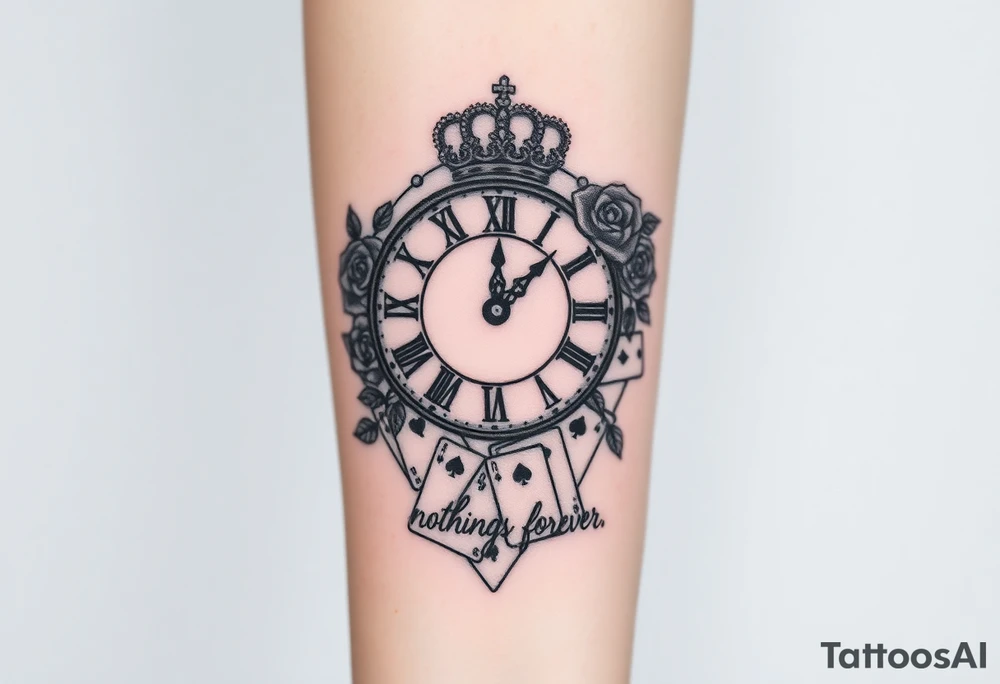 Roman clock with roses and a crown,  a quote that says nothings forever. and on the bottom a deck of cards tattoo idea