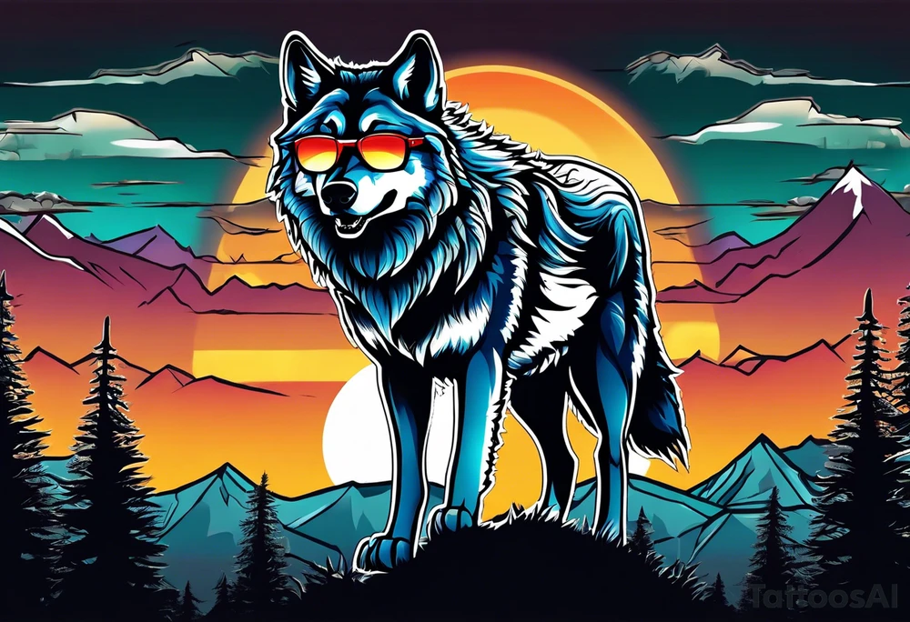 Badass wolf wearing sunglasses
Dark woods
Mountains
Sunset tattoo idea