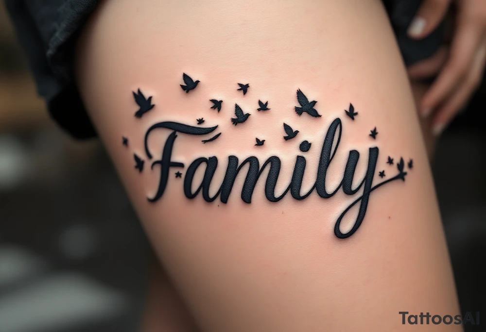 Family as a single word turning into a flock of birds in blue, black, and gray gradients. tattoo idea