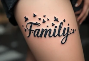 Family as a single word turning into a flock of birds in blue, black, and gray gradients. tattoo idea