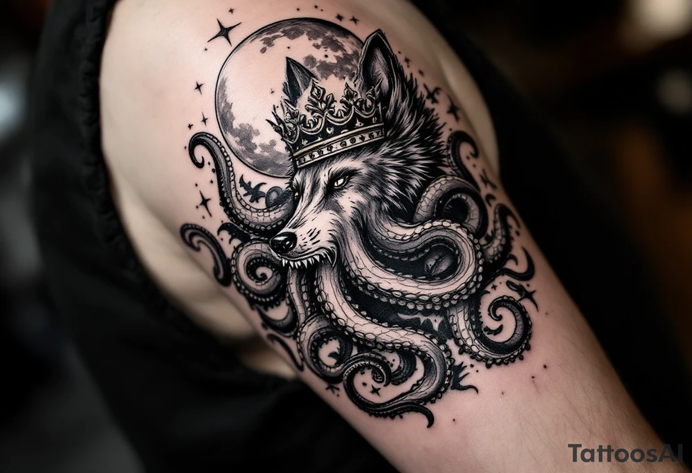 powerful majestic wolf octopus with a crown, howling to the moon tattoo idea