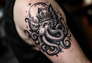 powerful majestic wolf octopus with a crown, howling to the moon tattoo idea