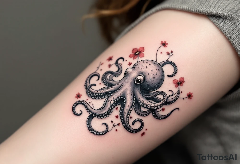 A small realistic black and grey tattoo of an octopus, cute, with detailed shading and soft linework, showing the octopus with swirling tentacles, on light skin. ornamental flowers around with red ink. The style is minimalistic and elegant, resembling fine-line tattoo with a shadow tattoo idea