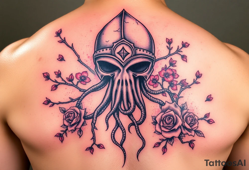 squid knight helmet combined with tree roots, cherry blossoms and roses rolling dice tattoo idea