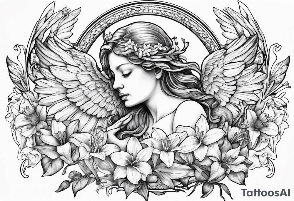 sad crying angel with head surrounded by lily, daffodil, rose, daisy, narcissus holding a hummingbird tattoo idea