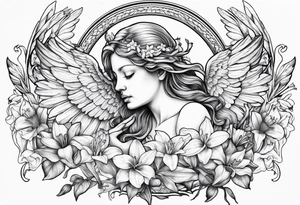 sad crying angel with head surrounded by lily, daffodil, rose, daisy, narcissus holding a hummingbird tattoo idea