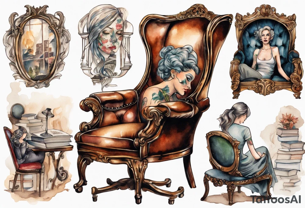 an antique chair in large library with a woman's face emerging from the back of the chair tattoo idea