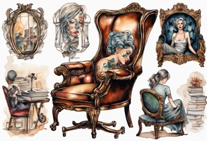 an antique chair in large library with a woman's face emerging from the back of the chair tattoo idea