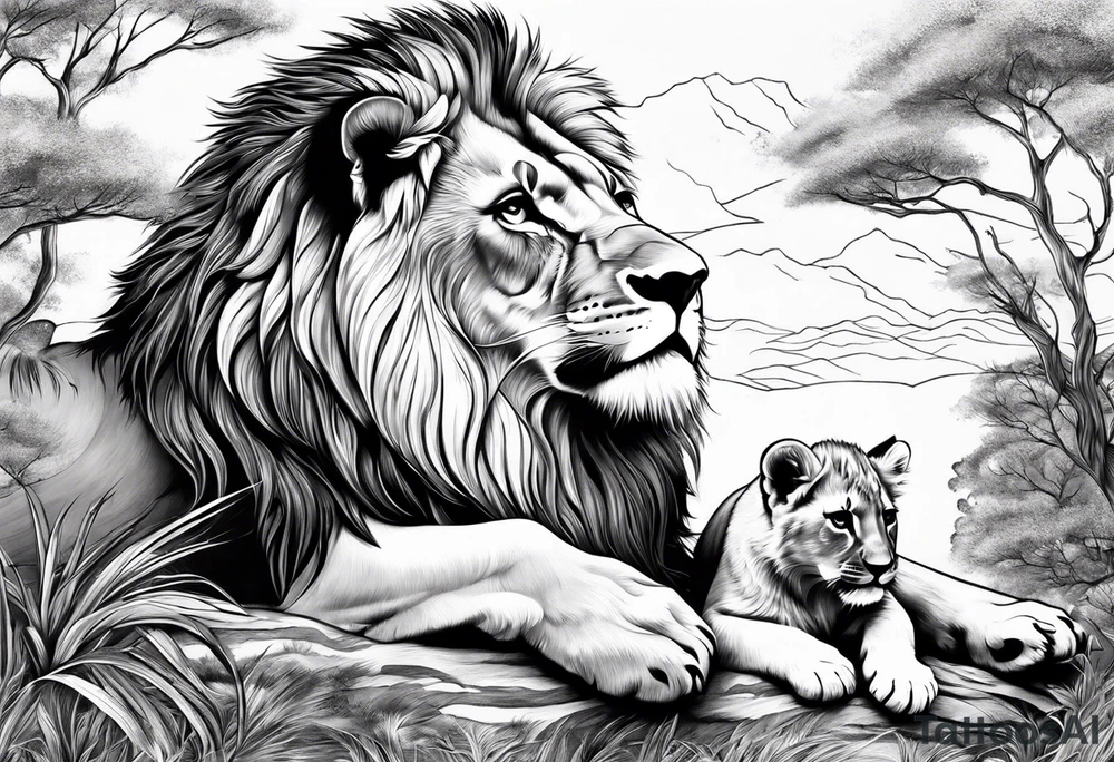 shoulder sleeve with lion and cub, landscape background tattoo idea