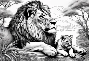 shoulder sleeve with lion and cub, landscape background tattoo idea