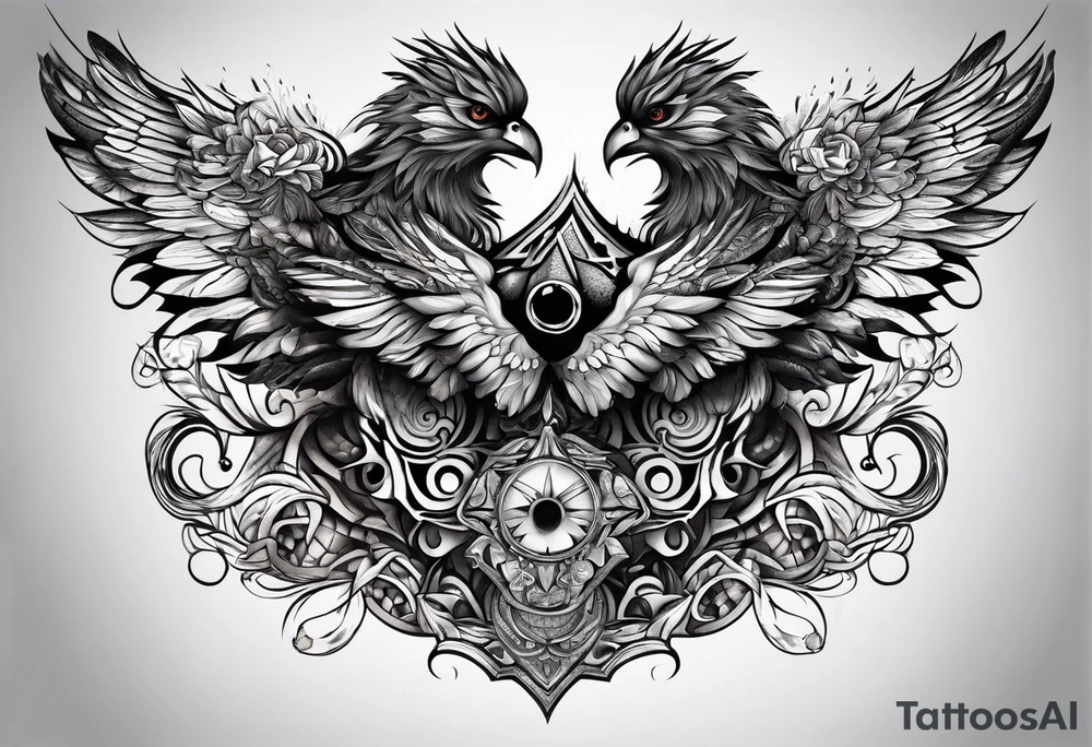 Men's chest tatto with two psychedelic entities facing each other tattoo idea