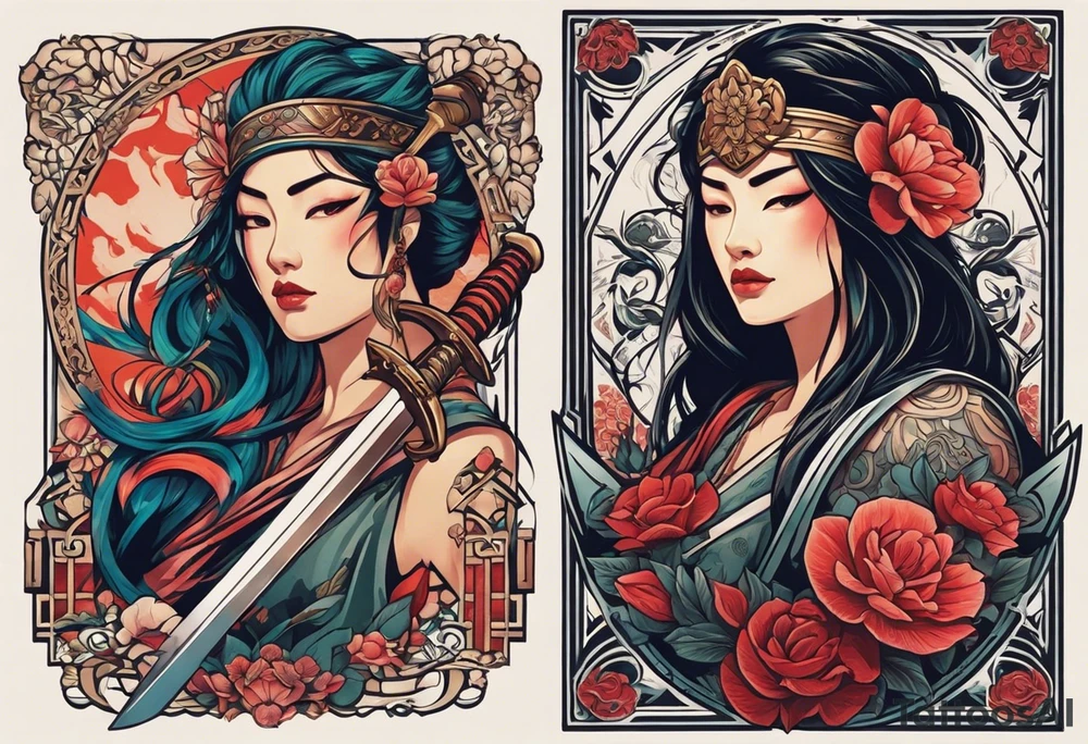 The tattoo in the image features a striking design that blends the faces of two characters, separated by a sword. The left side depicts a woman with a flower in her hair, styled in a traditional way, while the right side shows a more warrior-like appearance, with the sword positioned in the center. Below the face, there's a detailed design that includes a large flower and possibly a comb, adding to the symbolic elements of the piece. 

The text on the right side of the tattoo reads, "A flowered is on your shoulder," which seems to be a customized or stylized phrase.

The tattoo seems to be inspired by themes of duality, strength, and beauty. The imagery might be referencing a character or a cultural symbol, possibly from Asian art or mythology. tattoo idea