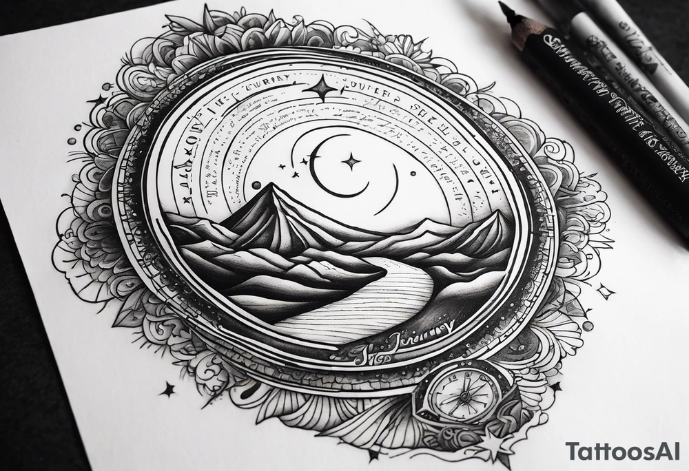 A tattoo featuring a meaningful quote about life's journey, such as "The journey of a thousand miles begins with a single step," accompanied by celestial elements to emphasize the cosmic nature of your path. tattoo idea