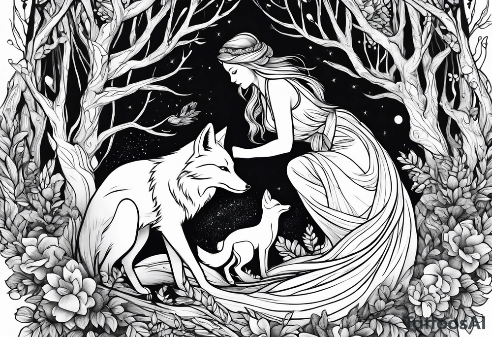 Forest mother feeding fox tattoo idea