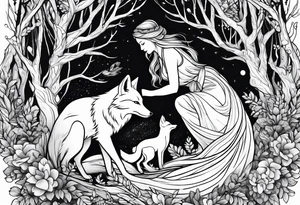 Forest mother feeding fox tattoo idea