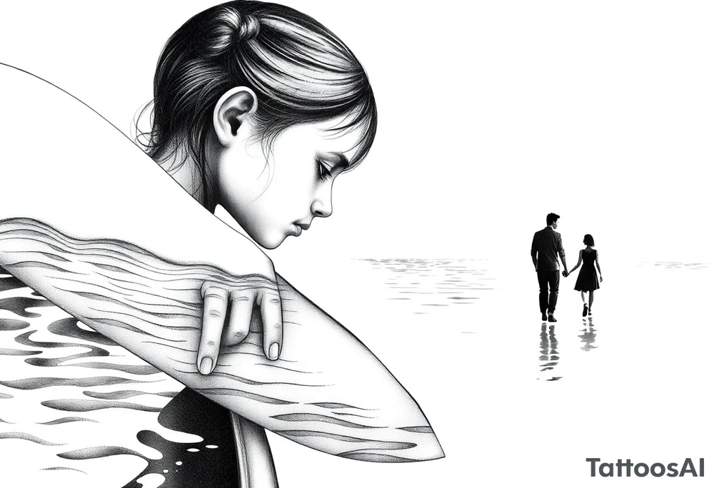 The silohette of a Little girl leaning over a boat hand outreached  in. The rippling  water the fades into a scene of the daughter and father holding hands walking into distanc tattoo idea