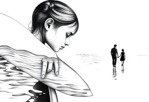 The silohette of a Little girl leaning over a boat hand outreached  in. The rippling  water the fades into a scene of the daughter and father holding hands walking into distanc tattoo idea