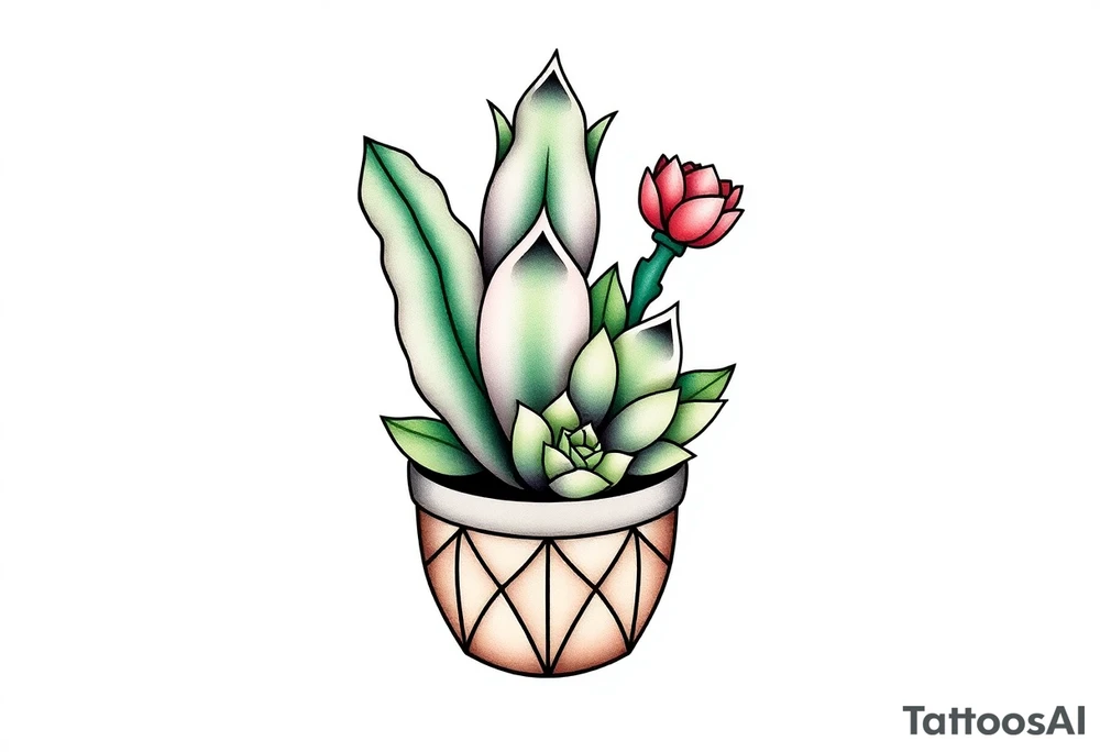 cute cacti and succulent in a pot tattoo idea