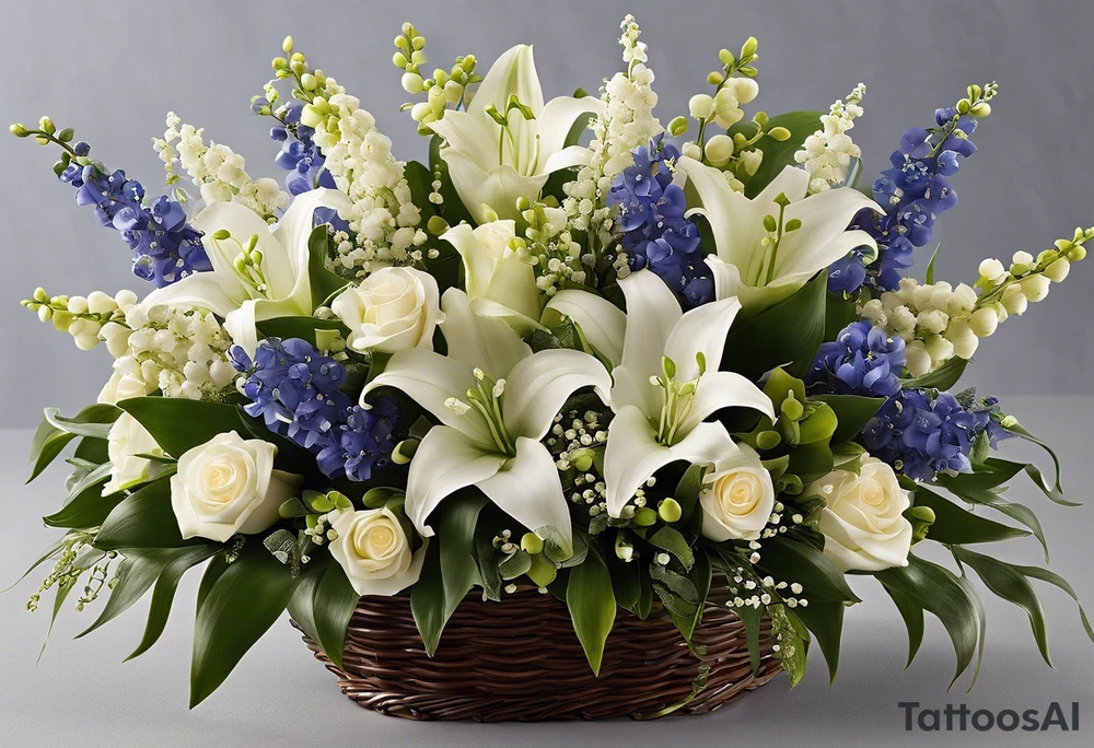 The words "All the things. Everywhere." elegantly written in a stylish script font, with intricate decorative elements like vines or leaves intertwining among the letters. Integrated or behind is a cluster of Lily of the Valley flowers representing May and Larkspur flowers or a small bouquet of Larkspur blooms to symbolize July. The Larkspur could be depicted in shades of blue, pink, or purple, showcasing the flower's symbolic meanings of positivity and lightness.

The overall design could be framed with subtle, flowing lines to enhance the natural and organic feel of the tattoo. tattoo idea