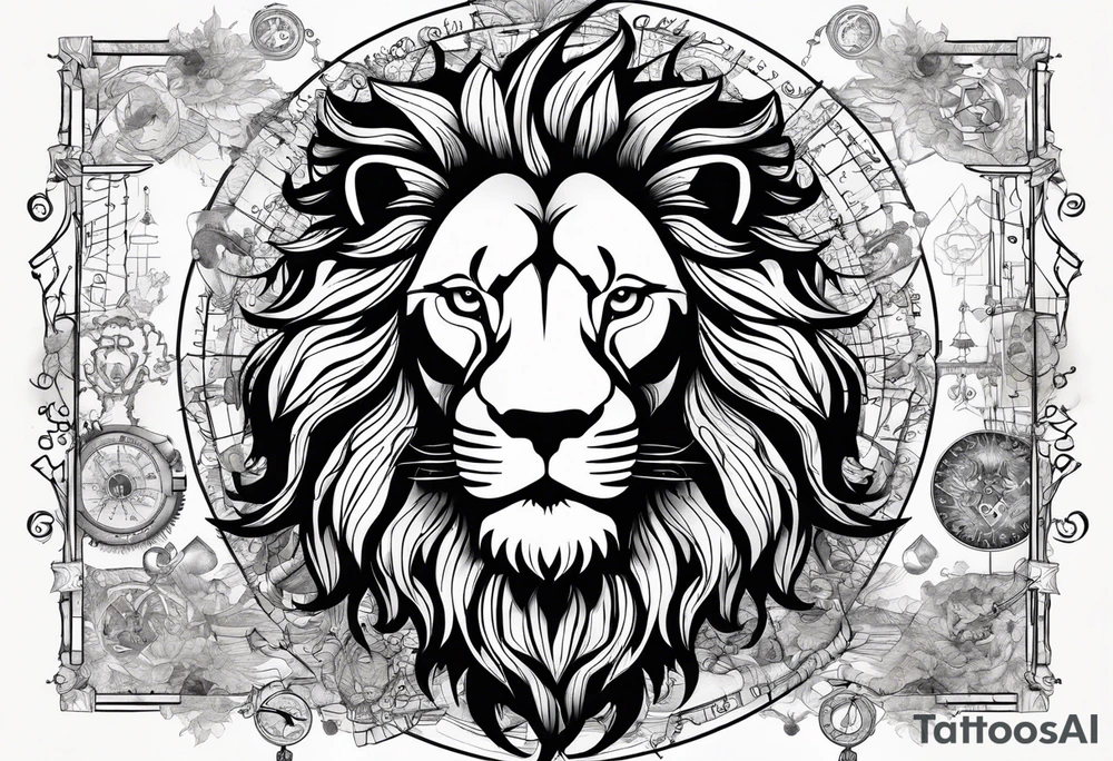 heraldic lion surrounded by scientific formulas tattoo idea