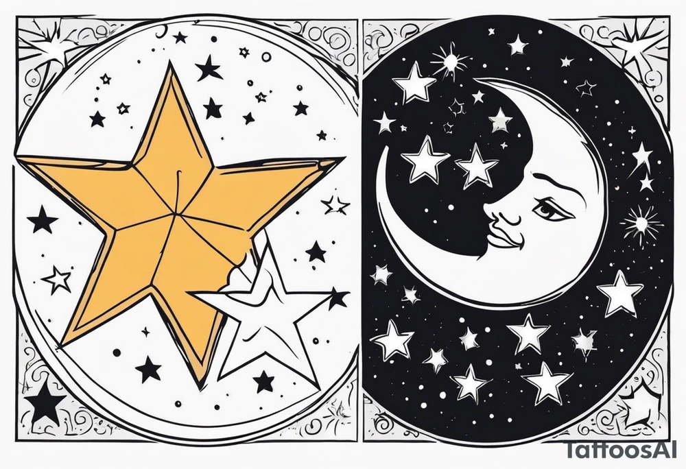 Western sun stars and moon. Mirrored with swirls and dots and stars tattoo idea