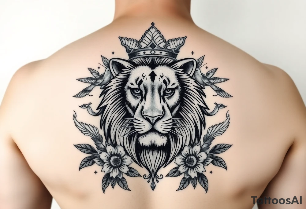 powerful majestic lion with a crown, surrounded by floral ornaments and birds tattoo idea