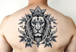 powerful majestic lion with a crown, surrounded by floral ornaments and birds tattoo idea