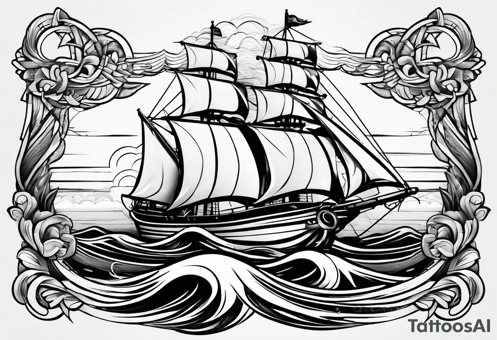 a ship anchor with an S through the anchor and angle wings on the left and right side. ocean waves in the background tattoo idea