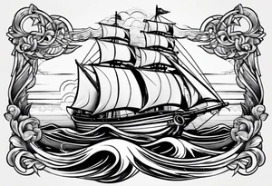 a ship anchor with an S through the anchor and angle wings on the left and right side. ocean waves in the background tattoo idea