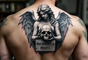 An angel statue cracked and weathered, holding a skull in grayscale, with "memento mori" carved in stone beneath. tattoo idea