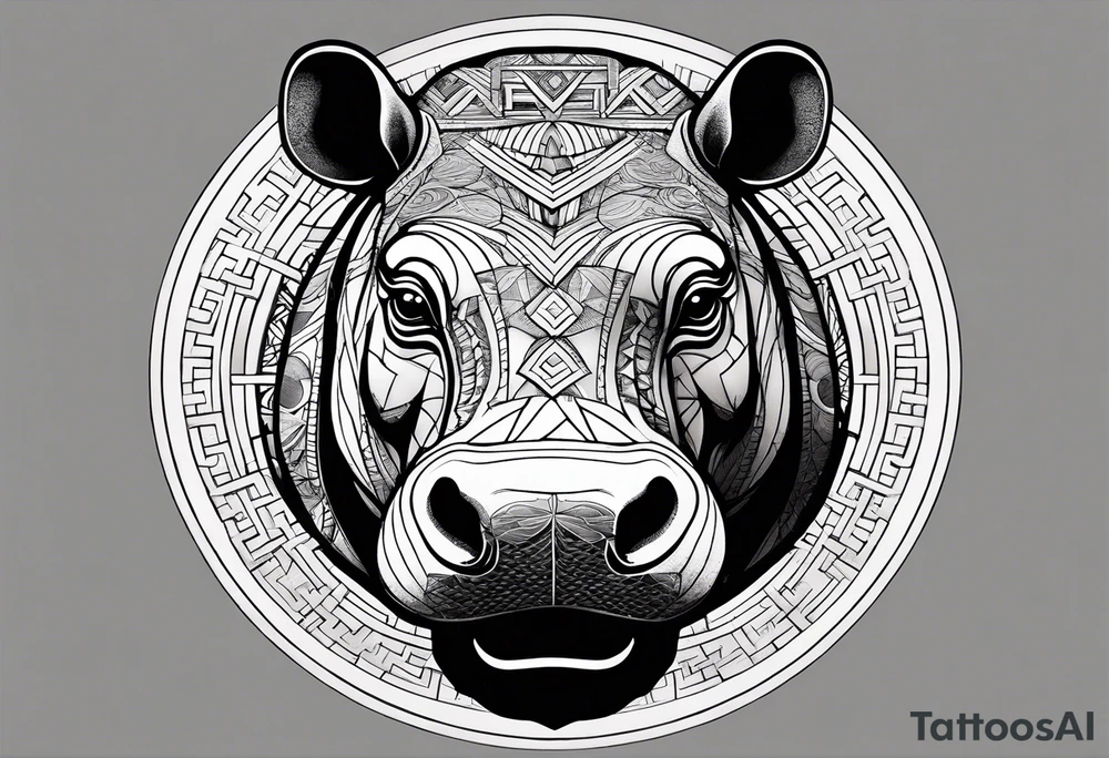 Asymmetrical, geometric, chinese ink art touch, hippo , full moon, tribal, orientation portrait tattoo idea