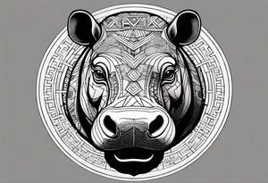 Asymmetrical, geometric, chinese ink art touch, hippo , full moon, tribal, orientation portrait tattoo idea