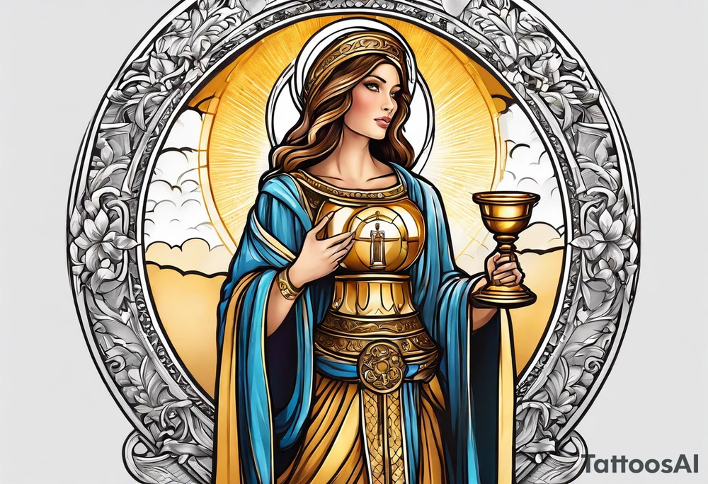 woman saint holding chalice surrounded by golden halo with a tower tattoo idea