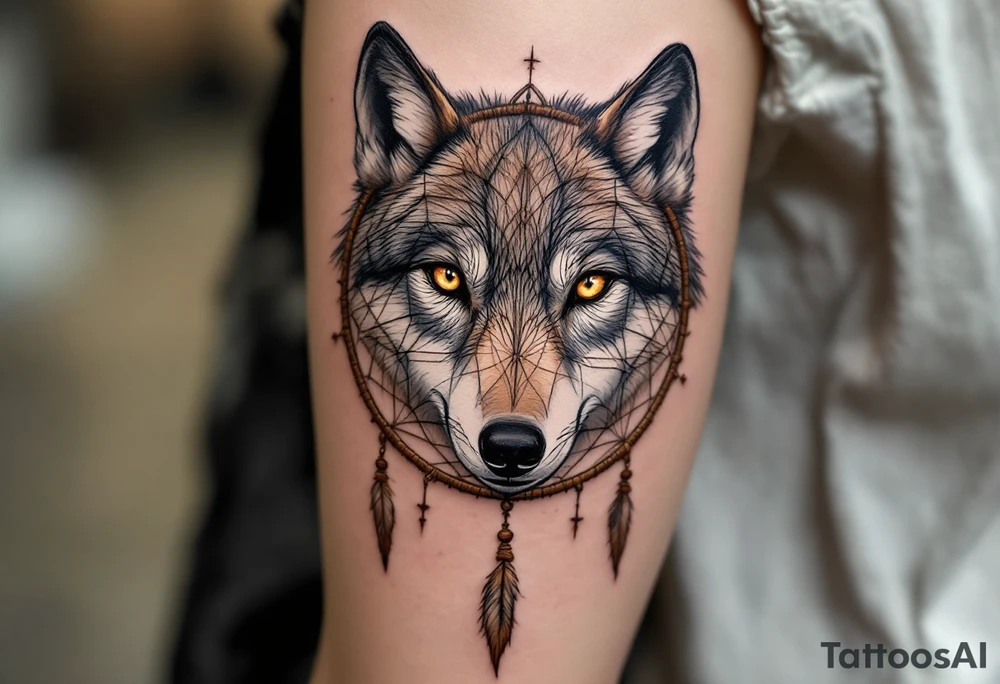 The tattoo focuses on a pair of piercing wolf eyes within the center of a dreamcatcher, with the intricate web of the dreamcatcher surrounding them. The eyes are intensely detailed, representing intuition and connection. Warm amber or golden yellows for the eyes, soft greys for the wolf’s face, and earthy tones like brown and beige for the dreamcatcher. tattoo idea