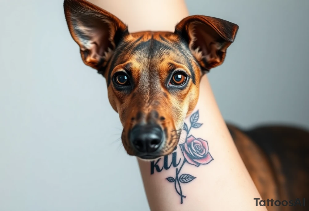 Cute female  large hound dog mix Brindle dog with the name kiwi . And a tiny rose around her . With her ears pointy a little big tattoo idea