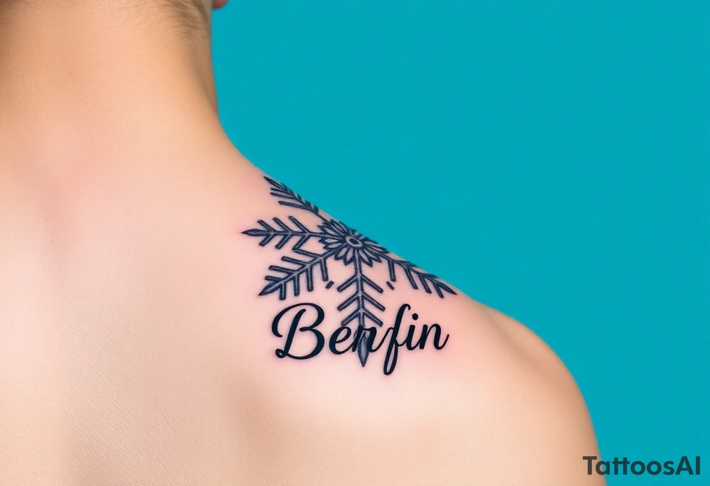 A snowflake on Blue backround and the name „Berfin“ in it tattoo idea