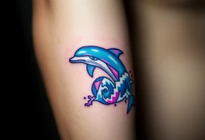 A pixelated dolphin emerging from digital waves, with cyberpunk hues of neon blue and purple tattoo idea