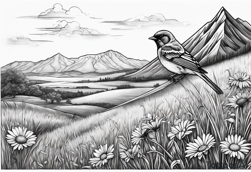 Small bird in field of grass and daisys Mountain View in distance tattoo idea