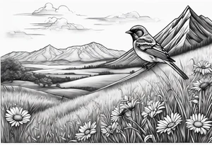Small bird in field of grass and daisys Mountain View in distance tattoo idea