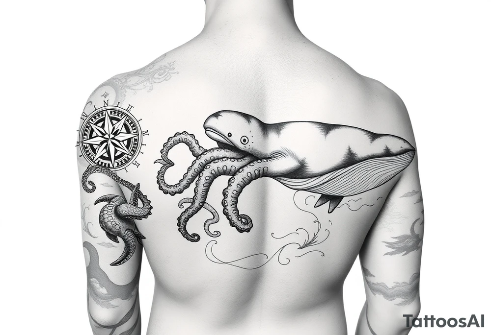 black and grey realistic full arm sleeve consisting of Compass Rose on the inner forearm as a focal point with loggerhead Turtles Swimming along the forearm, an Octopus Wrapping its tentacles around the arm,  a large whale gliding through the bicep area, and waves acting as the background to tie everything together. tattoo idea
