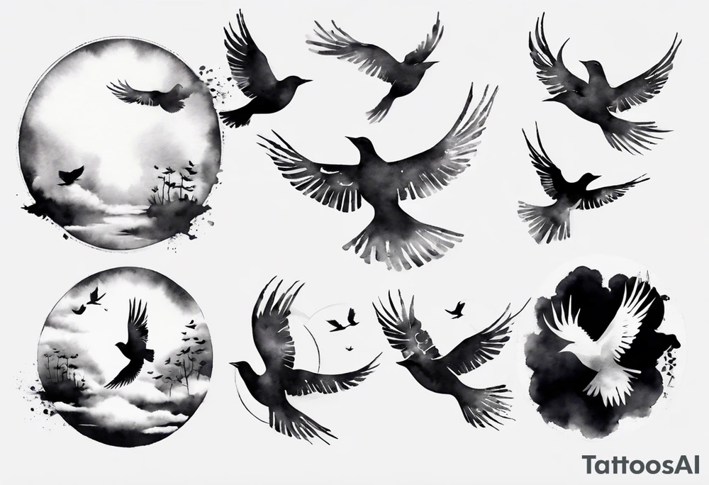 shoulder tattoo with light rays with birds flying free among the clouds, round shape, 3d effect tattoo idea shoulder tattoo with light rays with birds flying free among the clouds, round shape, 3d effect tattoo idea