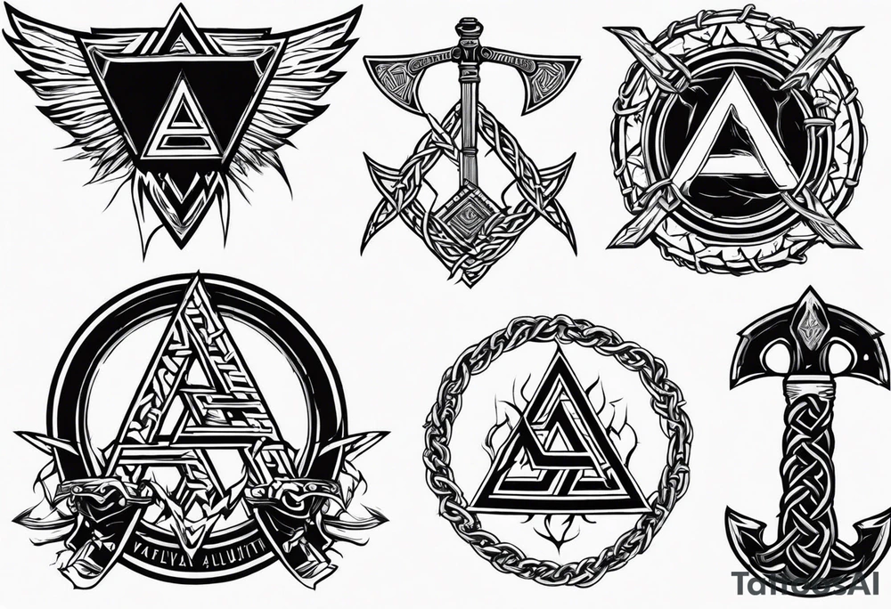 Valhalla sword shield axe barbed wire chains valknut fire tattoo idea Valhalla sword shield axe barbed wire chains valknut fire tattoo idea