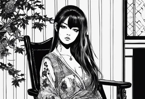 Portrait of tomie sitting on a chair. Tomie is a character of the autor junji ito
 Add some blood tattoo idea