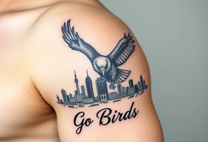 Philadelphia Eagle flying toward front over Philadelphia city skyline faded with a Go Birds written under it tattoo idea