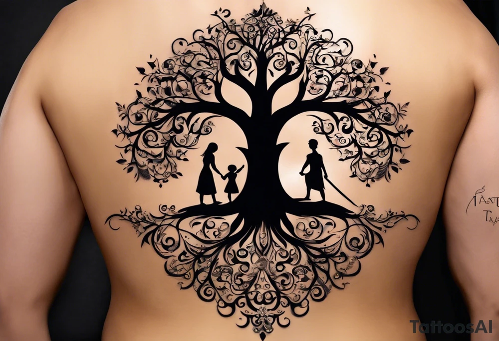 The tattoo should have a kind of family tree or roots where over half the arm where the date of birth of my children can be seen. There are supposed to be several swords over this family tree like the Damaglos, which is supposed to show attacks on my family. A symbol that shows the protection and strength of us would also be good. The death of my mother in 2018 should also be found tattoo idea