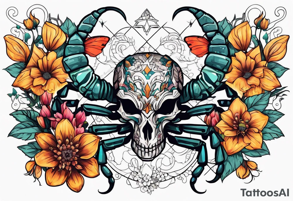 Large scorpion with skulls, flowers, and butterflies tattoo idea