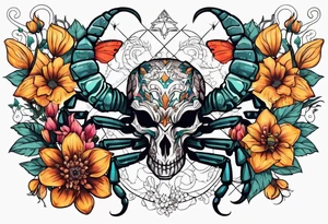 Large scorpion with skulls, flowers, and butterflies tattoo idea